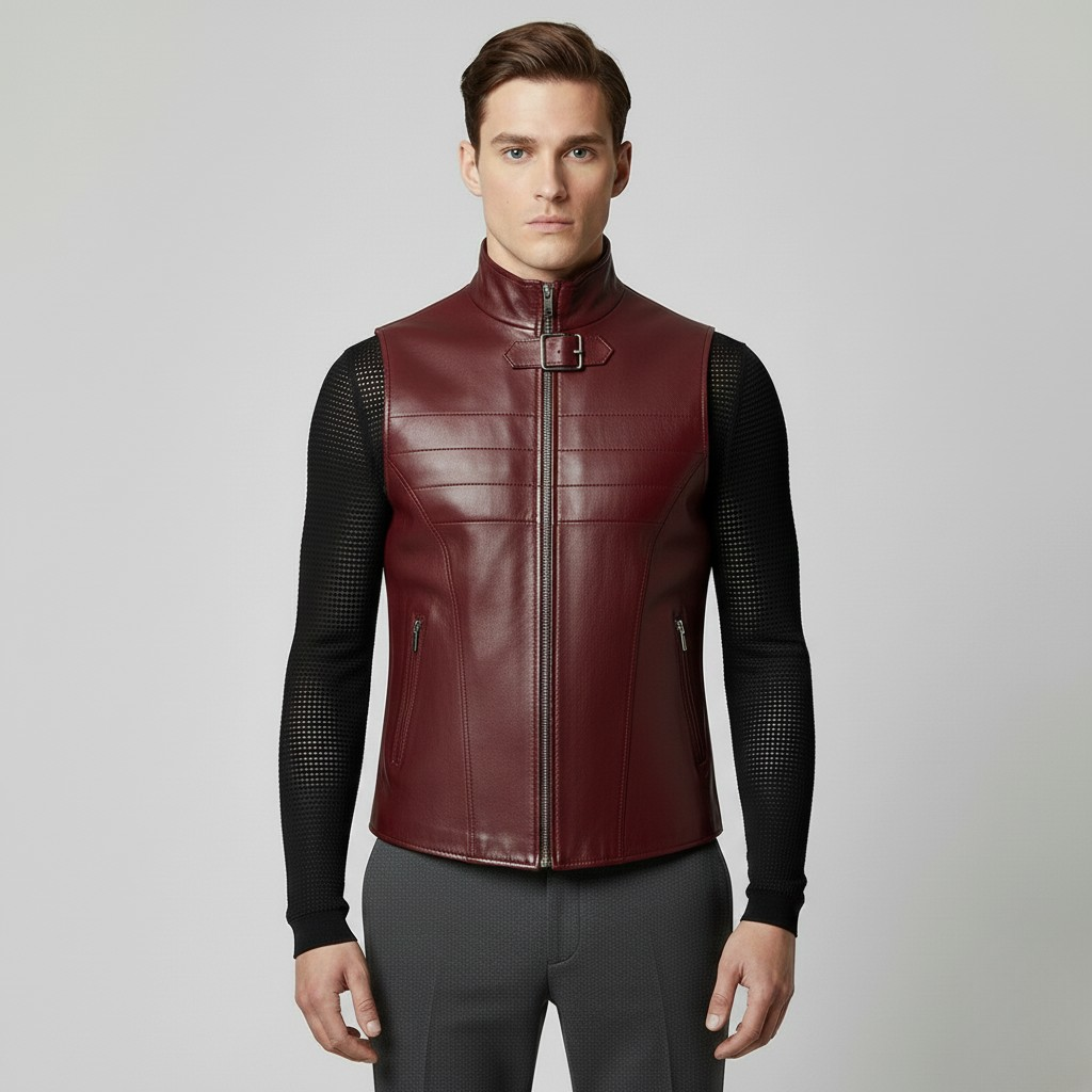 Men's Buckle Neck Leather-Look Zip Vest